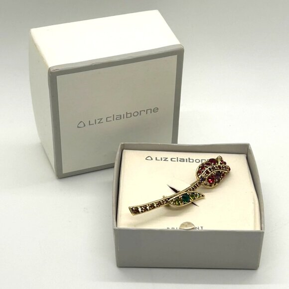 Liz Claiborne Jewelry - Liz Claiborne Vintage Rosebud Brooch Gold-tone Rhinestones in Original Box